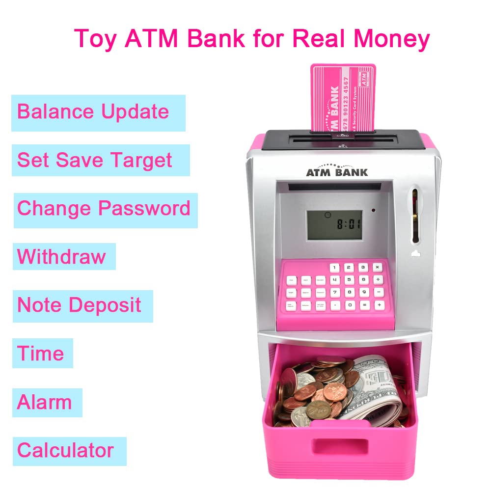 Toy Talking Atm Bank Atm Machine Savings Bank For Kids –Works A Real One- Deposit, Withdraw, Debit Card, Saving Target, Timer And Clock (Pink)