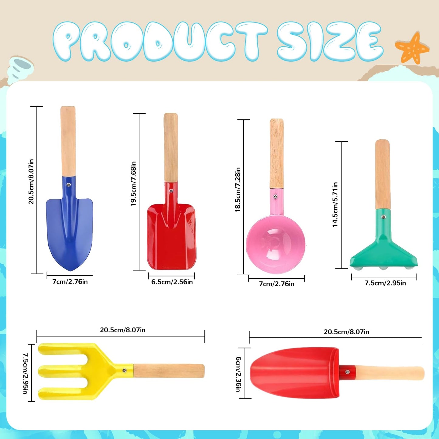 Meidayai Beach Toys, 6 Pcs Kids Gardening Set, 8'' Kid Metal Sand Toys Sandbox Toys With Sturdy Wooden Handle, Children Beach Sa