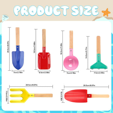 Meidayai Beach Toys, 6 Pcs Kids Gardening Set, 8'' Kid Metal Sand Toys Sandbox Toys With Sturdy Wooden Handle, Children Beach Sa