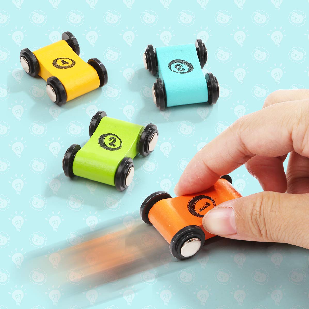 TOP BRIGHT Car Ramp Toy - 12 Small Cars, Wooden, Colorful (Orange, Yellow, Green, Blue), Small, Model ST001