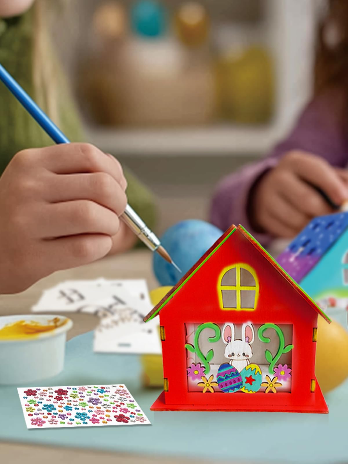 Nsoicrac 2 Pieces Wooden Easter House Craft Kit for Kids DIY Bunny Egg House with, Wood Crafts Art Project Bulk Painting Kits fo