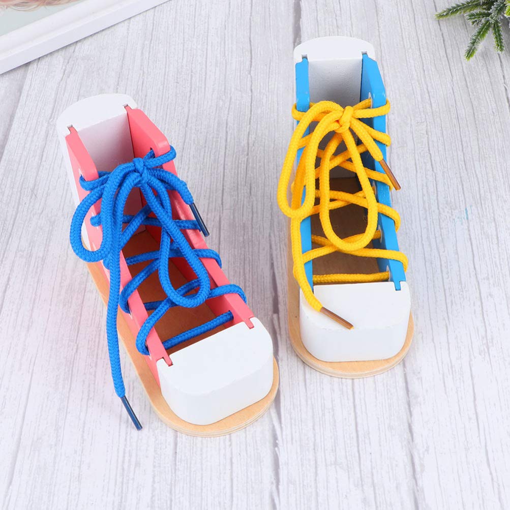 Nuobesty Learn To Tie Shoes Wooden Lacing Shoe Toy Shoelaces Tying Toy Teaching Kit For Kids, Blue
