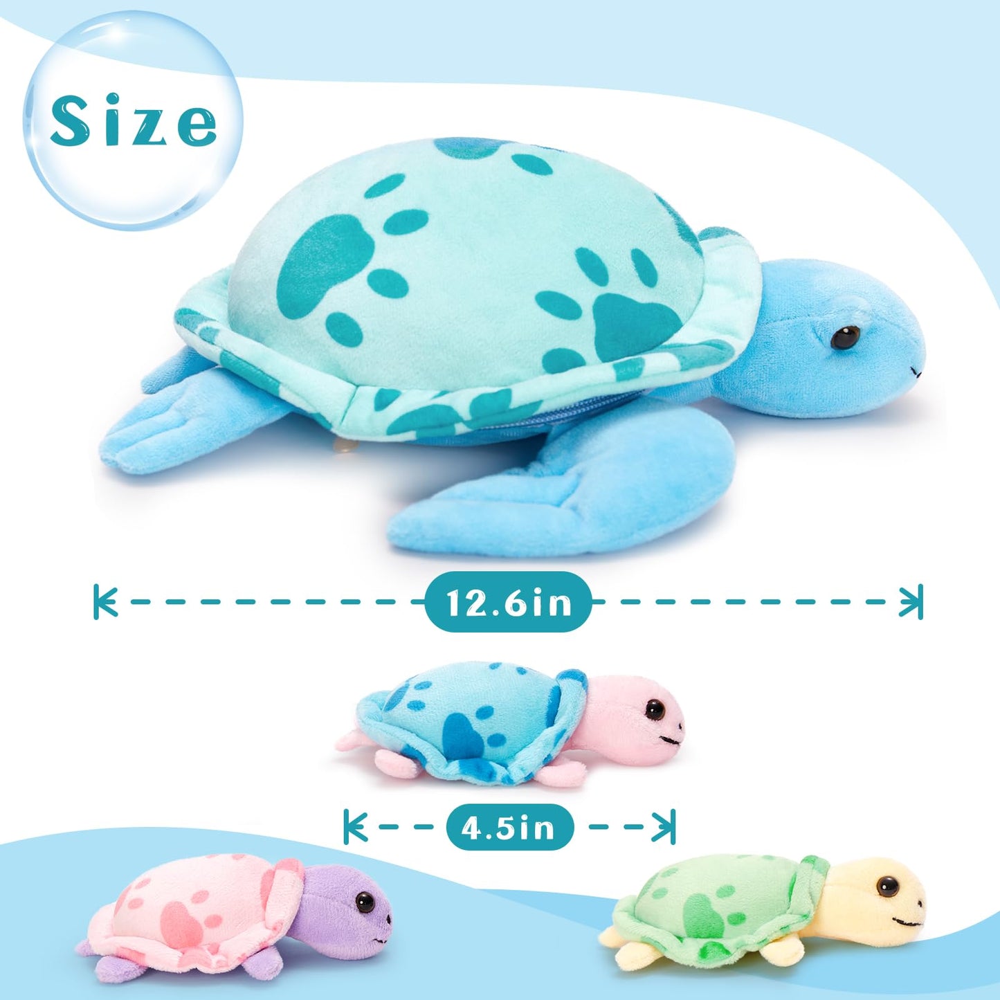 Muiteiur Sea Turtle Stuffed Animal Soft Mommy Turtle Plush Toy With 3 Babies Turtle Plushies Multicolored Stuffed Sea Turtle For Kids Girl Boy(Blue)