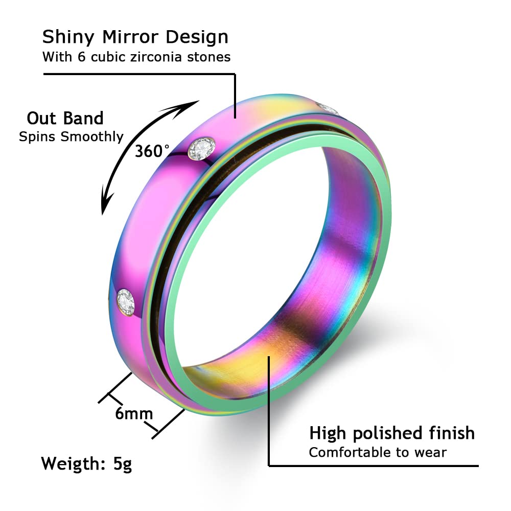 Fekang Anxiety Rings Fidget Rings For Women Stress Relief Spinner Rings For Teen Girls Stress Rings 4Pcs 6Mm Titanium Steel Rings Size 5-12 (5, 6Mm Spinner Rings 4Pcs/6 Cz Stones)