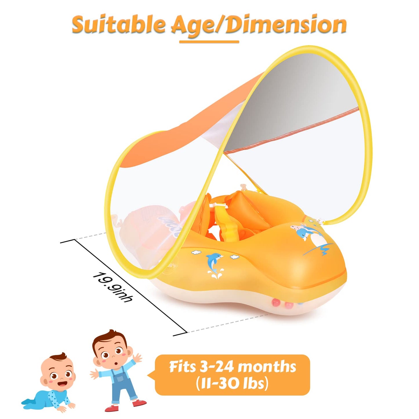 Laycol Baby Swimming Float With Upf50+ Sun Canopy Baby Floats For Pool No Flip Overbaby Pool For Baby Age Of 3-36 Months (Yellow, L)