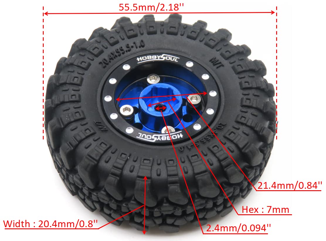 Hobbysoul Rc 1.0 Tires & Heavy Adjustable Offset 1.0 Beadlock Wheels Black Blue For 1/24 Rc Crawler Car Truck Axial Scx24 Upgrad