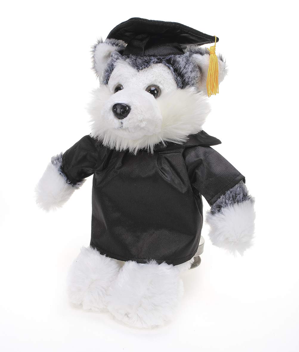 Plushland Plush Stuffed Animal Toys 12 Inches Present Gifts for Graduation Day Personalized Text Name or Your School Logo on Gown Best for Any Grad School Kids (Graduation Husky Black Gown)