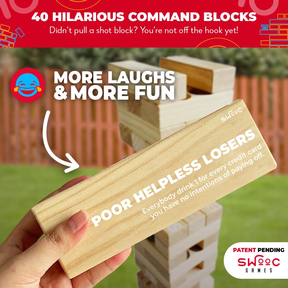 SWOOC Giant Tower Party Game with Hidden Jello Shots - 5ft Tipsy Topple for Adults - Outdoor Jumbo Bar Game with Cups & Carrying Case