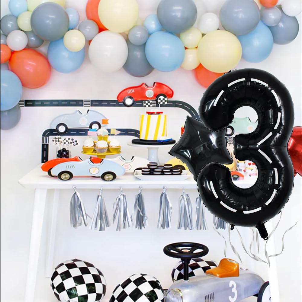 Toniful 40 Inch Race Car 3Rd Birthday Balloons Racetrack Number 3 Black Balloons Wheel Tire Balloons Black White Checkered Ballo
