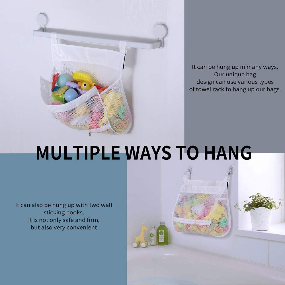 Tenrai Clever Zippered Mesh Bath Toy Organizer, Multiple Ways To Hang, Extra Large Opening Bathroom Toy Holder, Large Capacity Multi Use Bathtub Toy Storage Bag(1 Large, White)