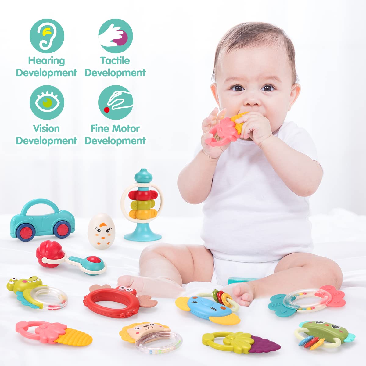 Qizebaby Baby Toys 6 To 12 Months, 12Pcs Rattle Baby Teething Toys, Shaker Grab And Spin Rattles Toy, Music Learning Toys For 0
