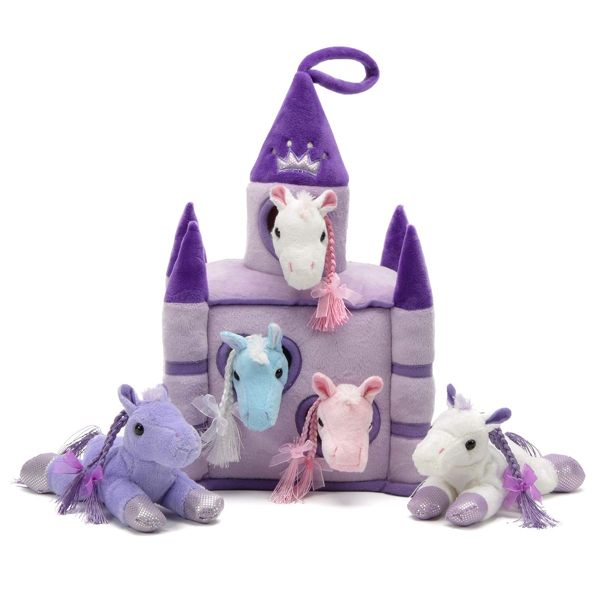 Unipak 12' Plush Castle - 5 Stuffed Animals In Castle Carrying Case (Purple Lavender Horses)