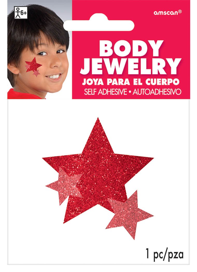 Amscan Stars Assorted Glitter Self-Adhesive Body Jewelry, 5' X 3 1/2' (Pkg. Size), Red