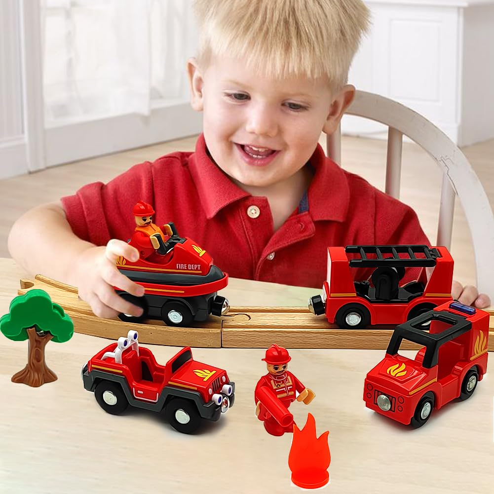 Dshmixia Wooden Train Cars Track Accessories Set Rescue Fire Truck With Light And Sound Small Vehicles Magnetic Train Cars Fit For Wooden Train Track Railway For Boys And Girls (Fireboat)