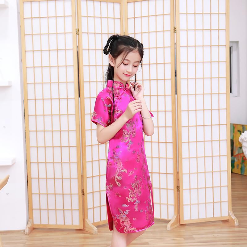 Girls Chinese Qipao Dress Dragon Pattern Short Sleeve Cheongsam Costume for Birthday Party Wedding (US, Age, 10 Years, 12 Years,