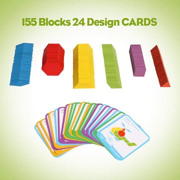 Wooden Pattern Blocks Set 155 Pcs Geometric Shape Puzzle Kindergarten Tangram Brain Teasers Early Educational Montessori For Kids Ages 3-8 With 24 Pcs Design Cards