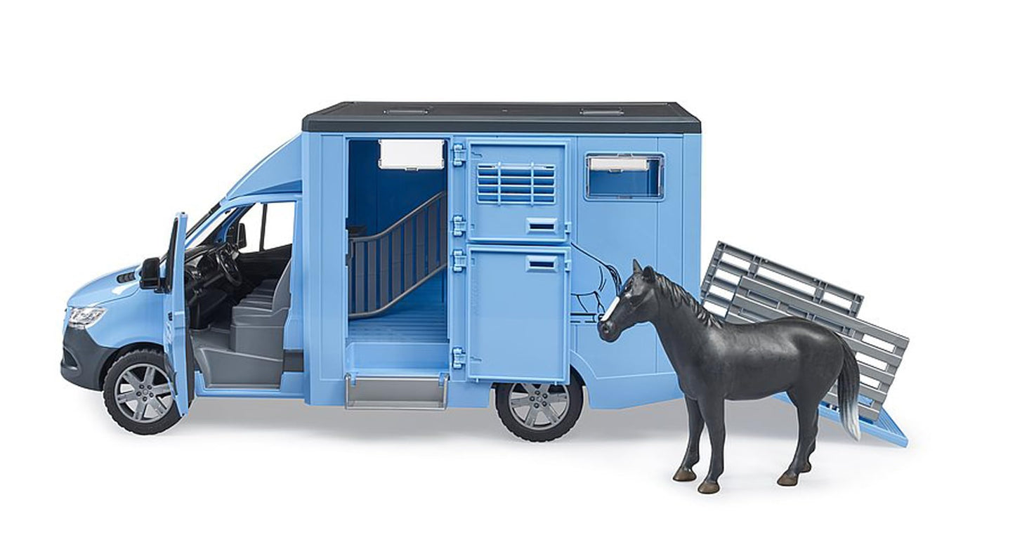 Bruder MB Sprinter Animal Transporter with Horse - Plastic, Cyan, Model 02674