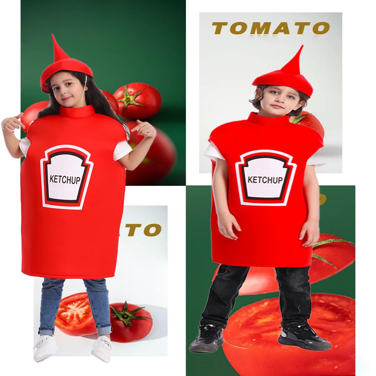 Dsplay Kids Mustard Ketchup Costume Halloween Party (10-12 Years, Red)
