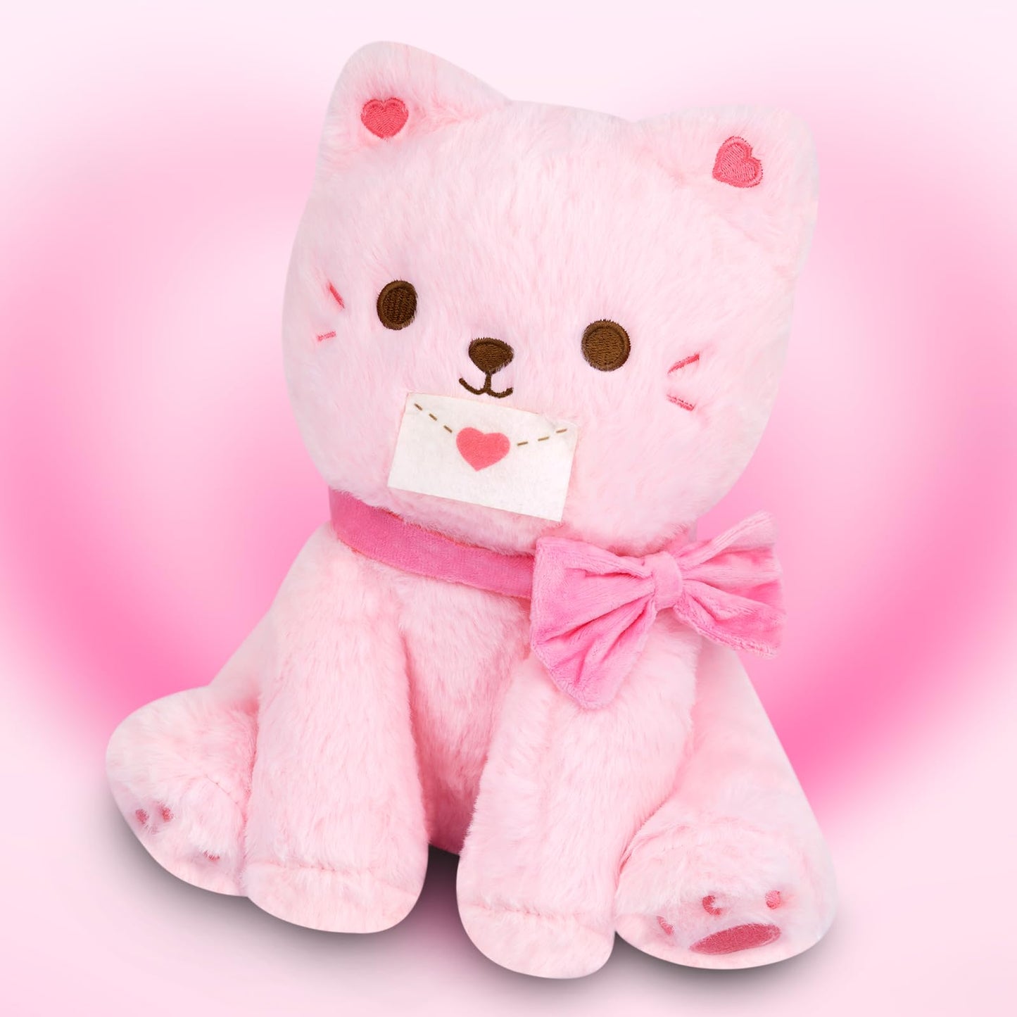 Lsydcarm Valentines Stuffed Animal Cat Plush, Pink Cat Stuffed Animals With Envelope, Kawaii Valentines Plushie Doll, Idea Gifts