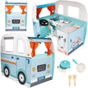 Wooden Play Camper Van Toy Playset w Steering Wheel, Kitchen w Stove, Oven, Bed, Pillow, Pretend Shower, Curtains, Personalizati