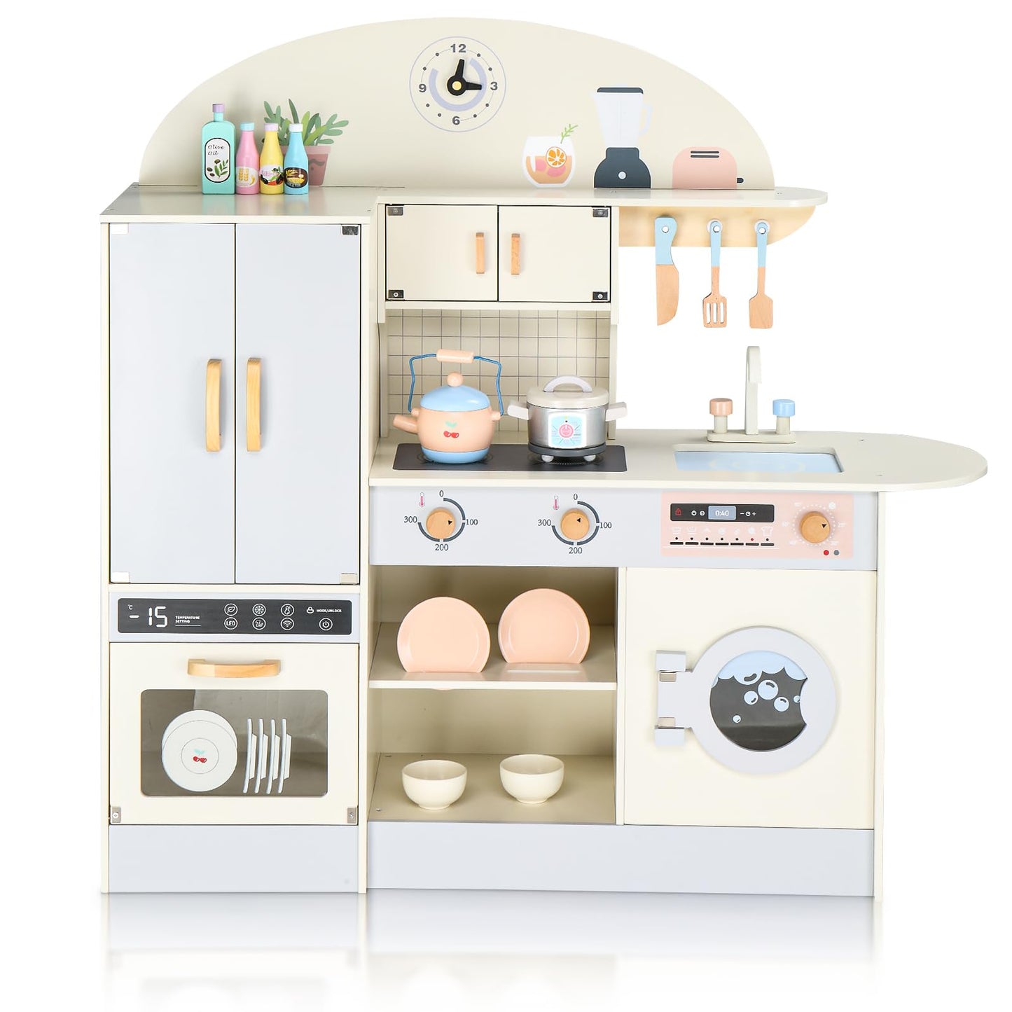 Ktaxon Wooden Play Kitchen For Kids, Pretend Kitchen Playset With Toy Double-Door Refrigerator, Storage Space & Cooking Set Acce