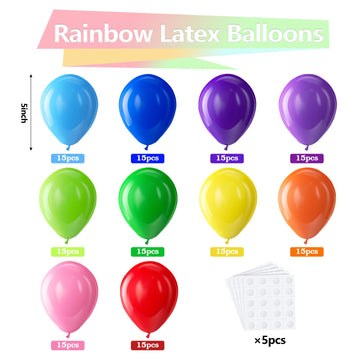 Bezente Assorted Rainbow Latex Balloons - 150 Pack 5 Inch Multicolor Helium Balloons For Birthday Baby Shower Wedding Rainbow Pa