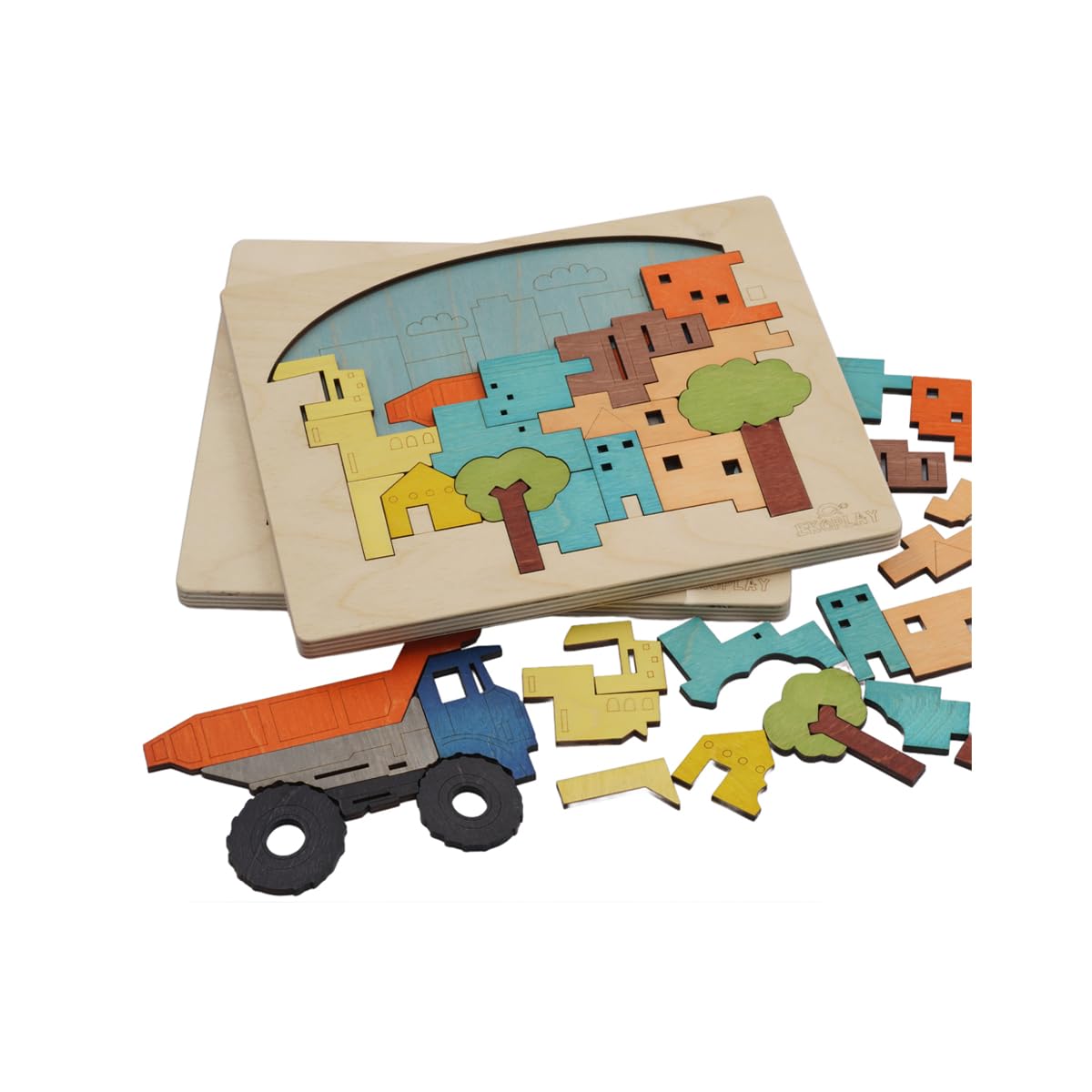 Ekoplay’S Multi Layered Wooden Puzzles For Kids, 23 Piece Jigsaw Puzzle For School Kids, Learning Educational Toys Gifts For Boys Girls. Construction Puzzles Sets, City Construction.