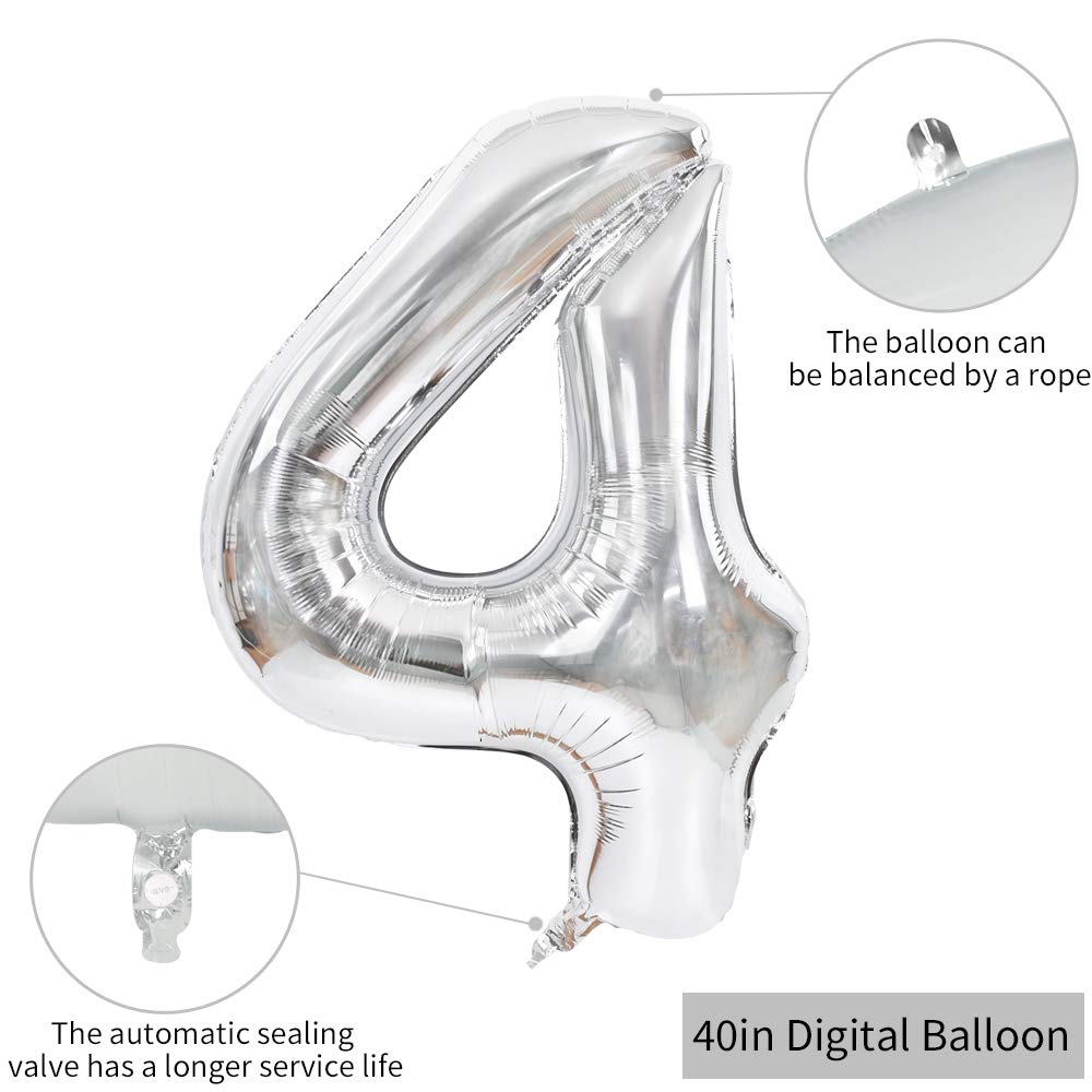Toniful 40 Inch Silver Large Numbers Balloons 0-9, Number 4 Digital 4 Helium Balloons, Foil Mylar Big Number Balloons For Birthd