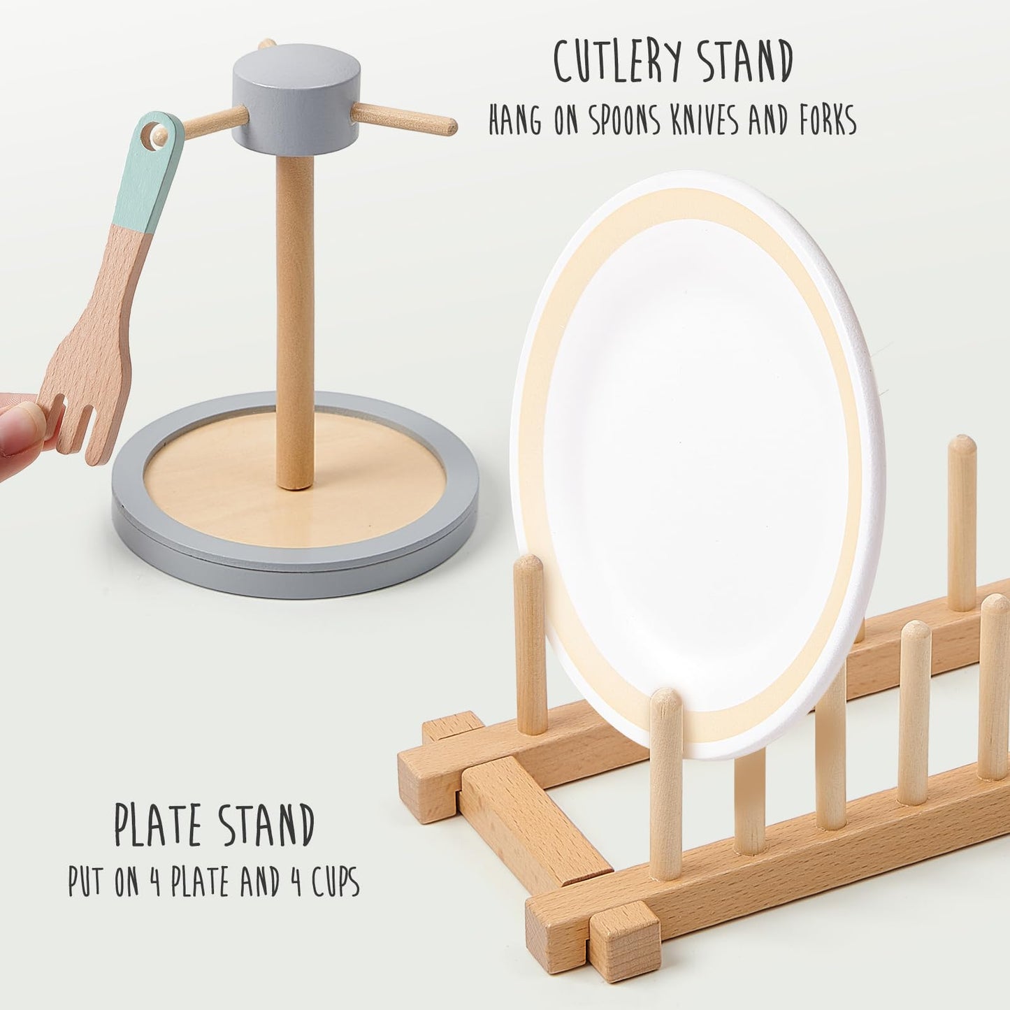 Lonico Wooden Play Kitchen Accessories Toys for Toddlers 3-5, Kids Play Kitchen with Realistic Plates & Dishes & Tableware, Mont