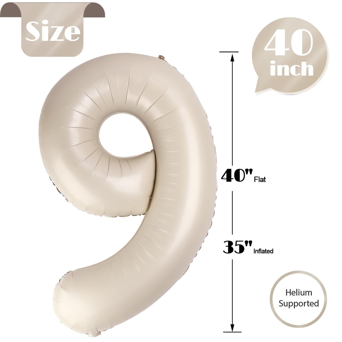 Cream Number 9 Balloon 40 Inch, 9 Balloon Number, 9Th Birthday Decorations, Cream Party Supplies For Boys Girls