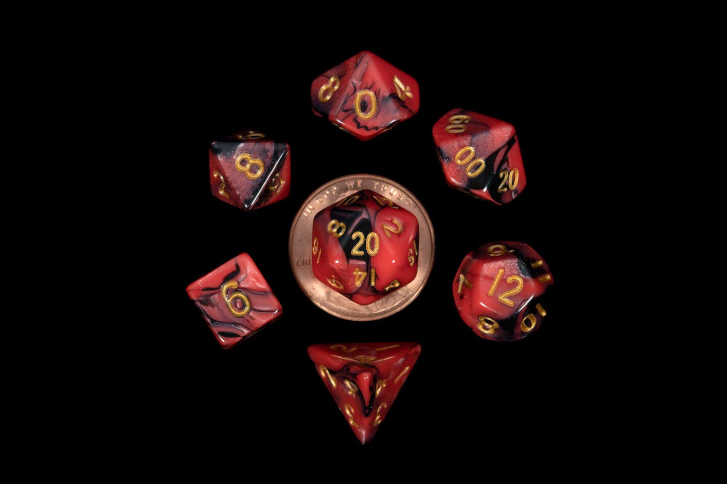 Metallic Dice Games Lic4113 Mini Red & Black With Gold Numbers Dice Games - Set Of 7