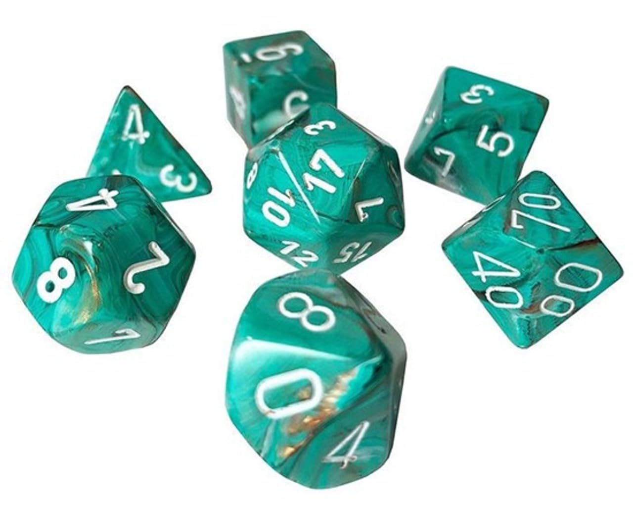 Oxi-Copper Marble Mini Dice With White Numbers 10Mm (3/8In) Set Of 7 Chessex