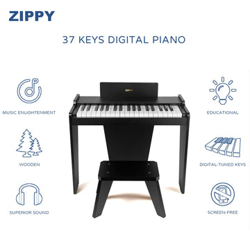 ZIPPY Kids Piano Keyboard, 37 Keys Digital Wood Piano for 3+ Kids, Black Basic, Model SLW99802A