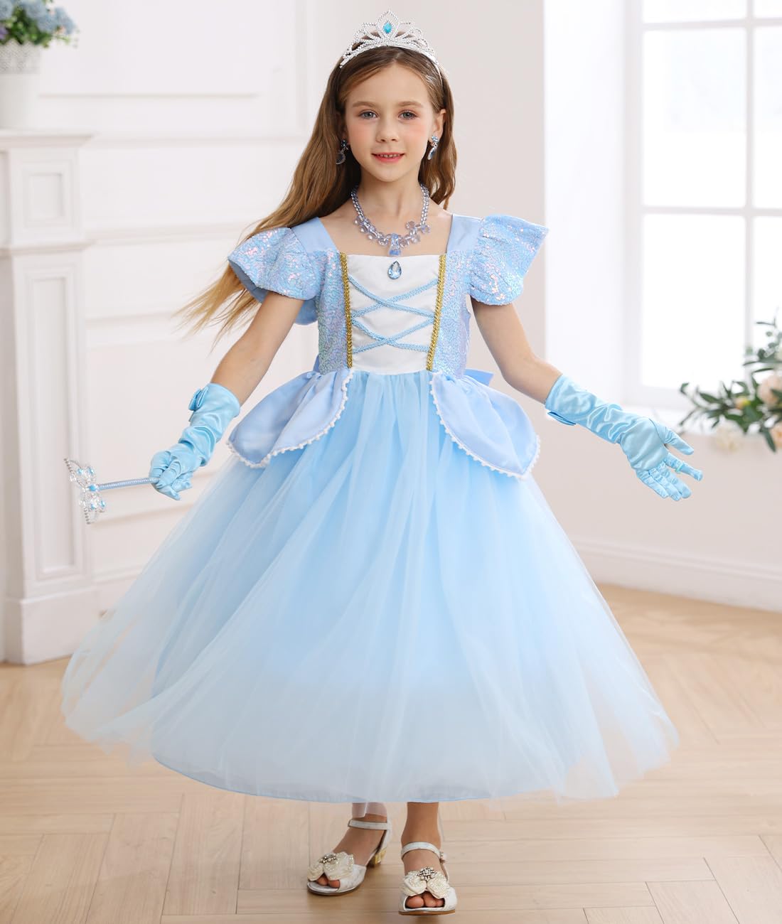 Itvti Princess Cinderella Costume For Girls Kids Cosplay Dress Carnival Halloween Party Outfit, Blue, 5-6 Years