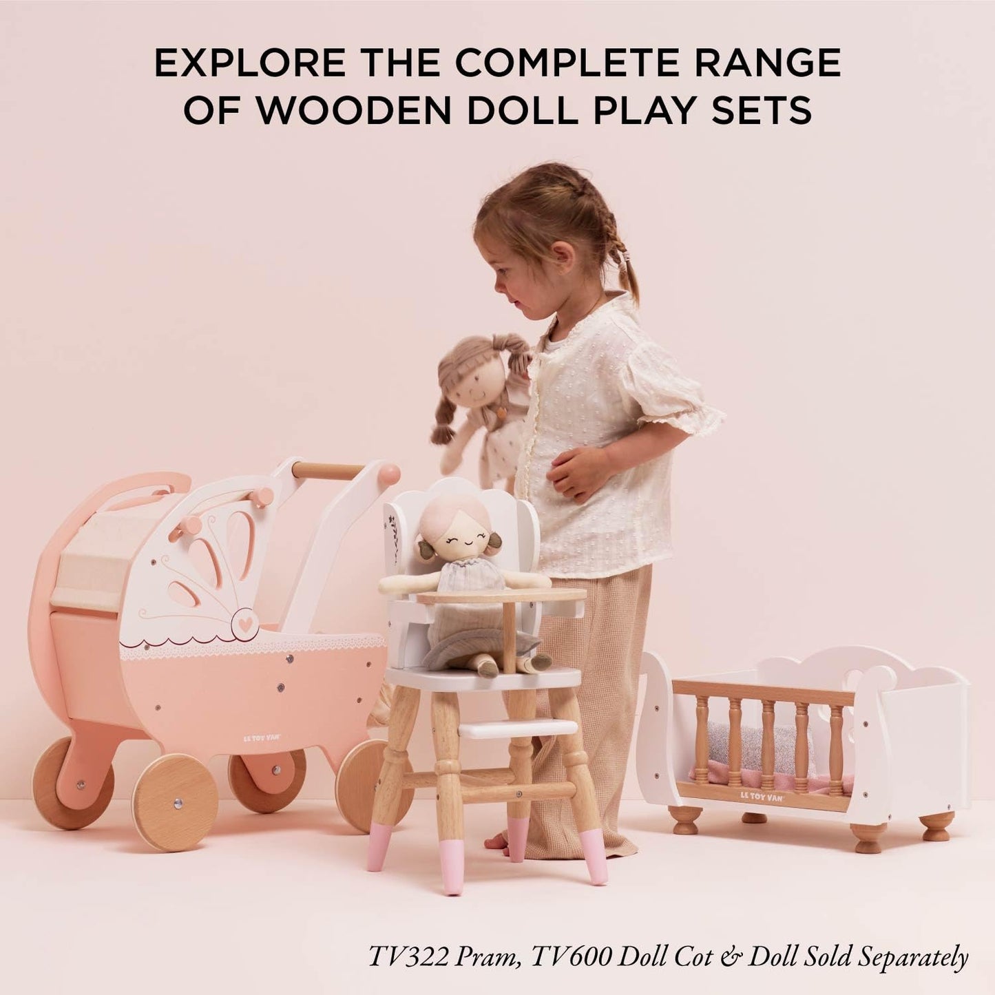 Le Toy Van - Educational Wooden Toy Role Play Beautiful Doll High Chair | Girls Pretend Play Toy Pram Playset - for Ages 3+ (TV6