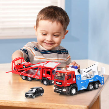 Winrayk 4Pcs Tow Truck Toys With Mini Toy Cars Set Pull Back Cars With Lights And Sound Trailer Transporter Vehicles Truck Toy,