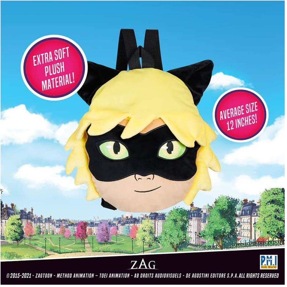 P.M.I. Miraculous Ladybug Plush School Backpack | One Of Two 12-Inch-Tall Collectibles | Miraculous Ladybug Toys And Playable Plush Backpacks | Cat Noir