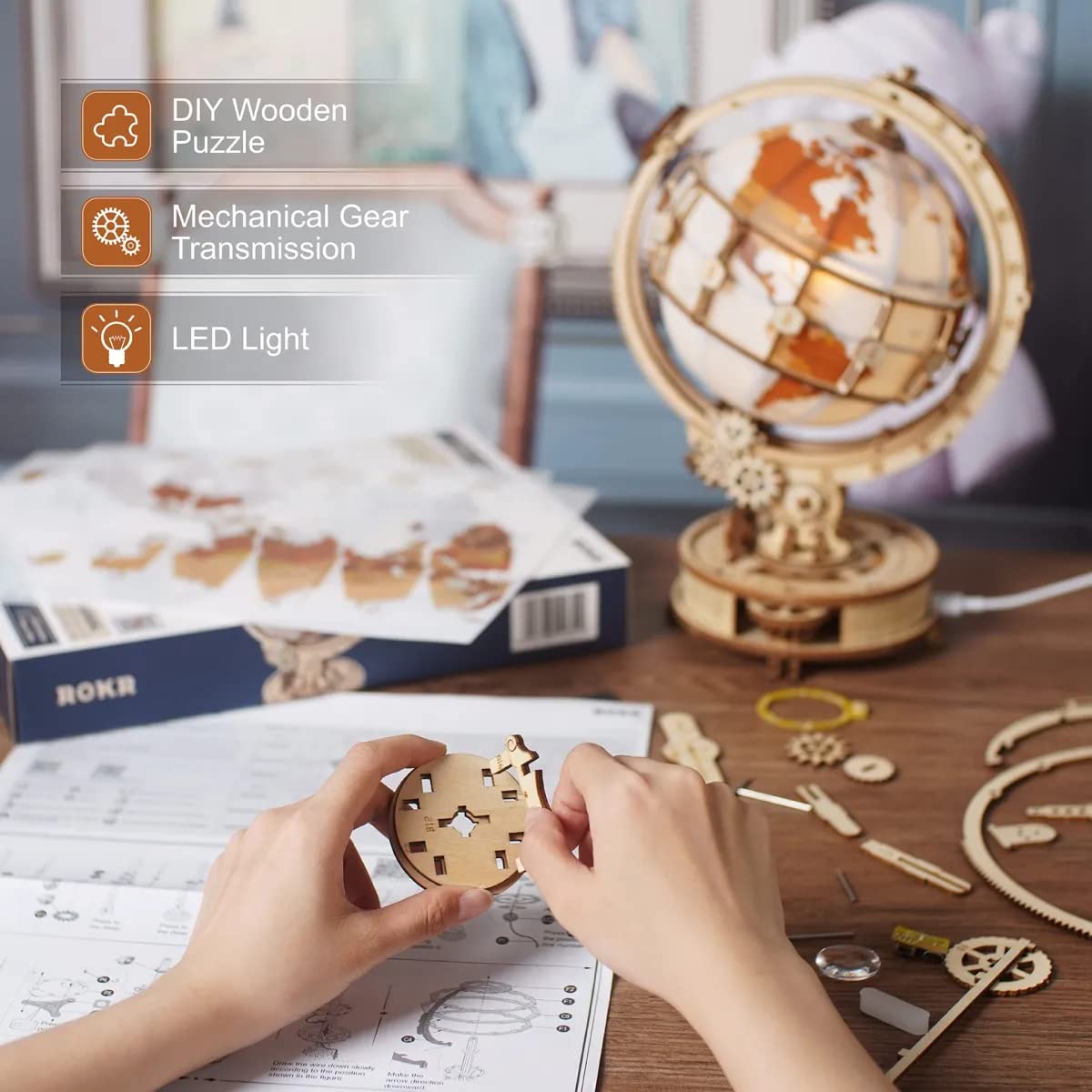 Rokr 3D Wooden Puzzles For Adults, Led Illuminated Globe With Stand, 3D Wooden Globe Model Kits With Led Light, Unique Gift For Birthday/Anniversay