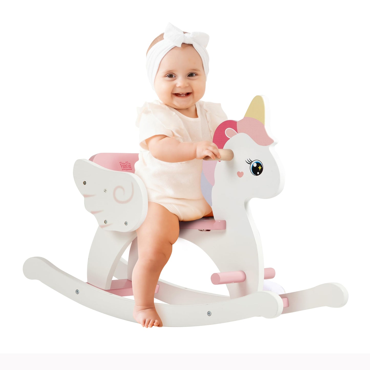 Funlio Unicorn Wooden Rocking Horse Ages 0.5-3, Cute Baby Rocking Horse With Safety Belt & Backrest, Easy To Assemble Toddler Ride On Toys, Cpc & Ce Certified - Pink