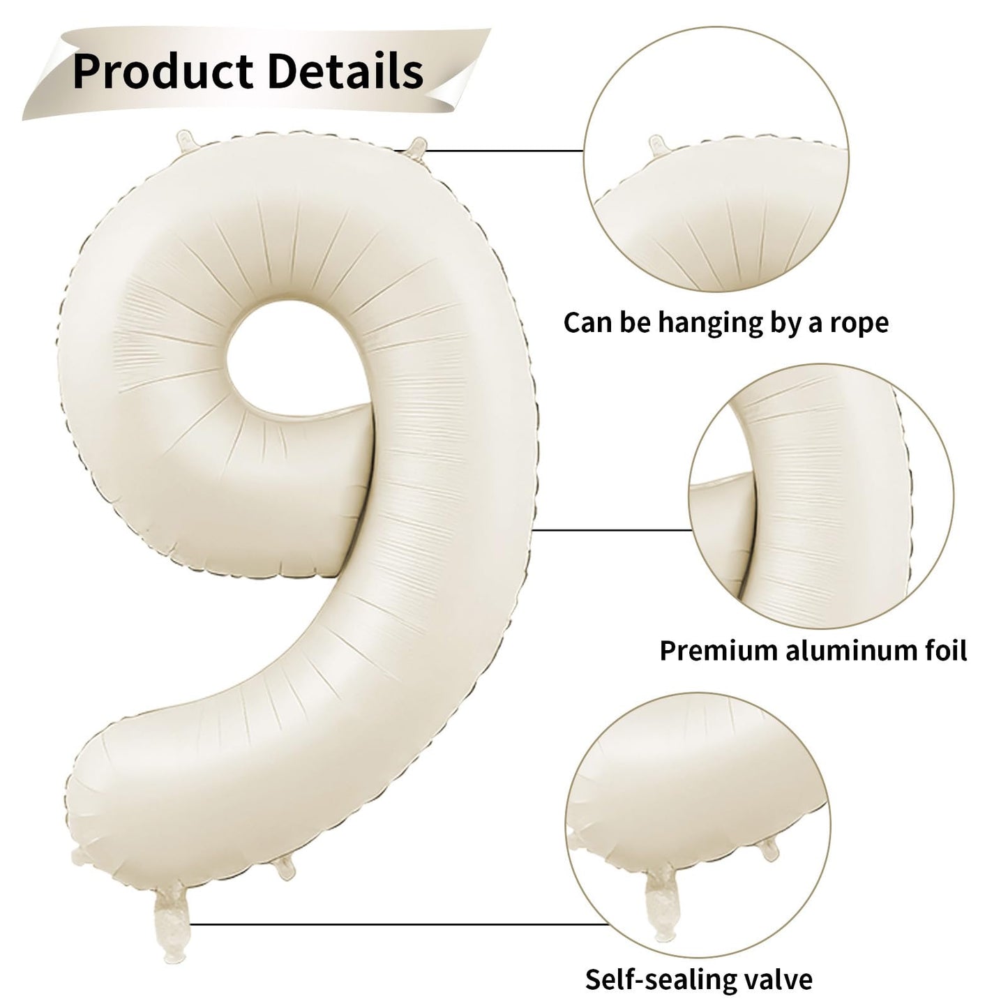 40 Inch Cream Number 9 Balloon, Beige Large 9Th Birthday Balloons, Digital 9 Cream White Giant 9 Foil Balloon Helium For Boys Gi