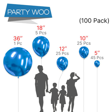 Partywoo Metallic Blue Balloons, 100 Pcs Blue Metallic Balloons Different Sizes Pack Of 36 Inch 18 Inch 12 Inch 10 Inch 5 Inch Chrome Blue Balloons For Balloon Garland As Party Decorations, Blue-G106