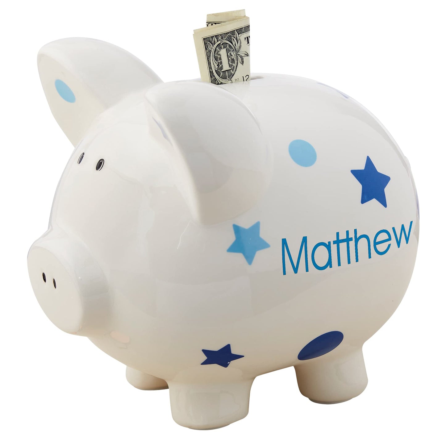 Personalization Universe Ceramic Piggy Bank For Kids, Baby Boy Polka Dots & Stars Design, Customizable With Any Name, Perfect Mo