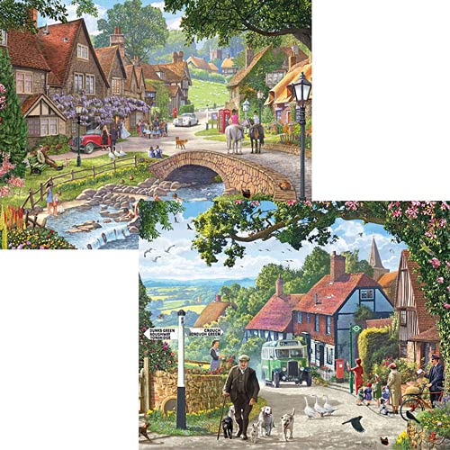 Bits And Pieces - 4-In-1 Multi-Pack 500 Piece Jigsaw Puzzles For Adults - Village Life By Artist Steve Crisp, Completed Puzzle S