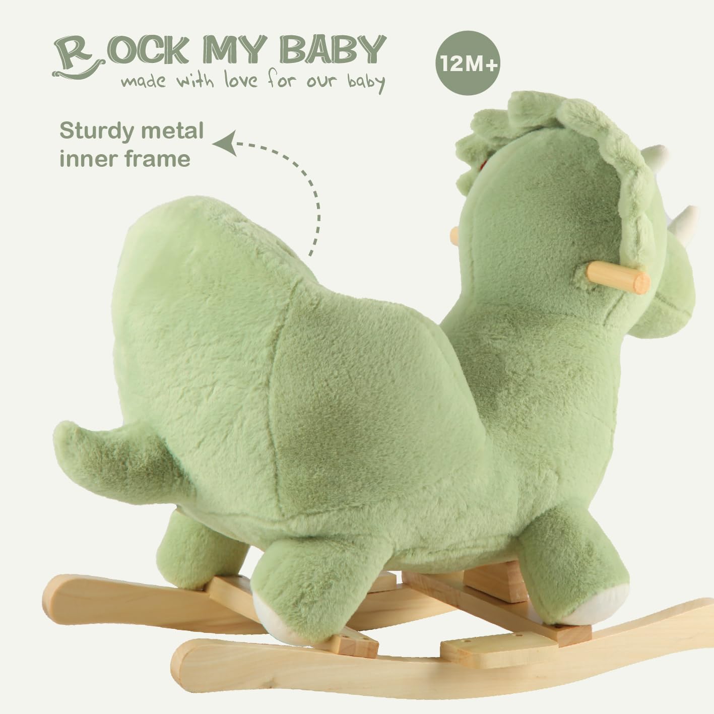 Rock My Baby Rocking Horse Green Dinosaur with Chair, Plush Stuffed Animal Rocker, Baby Rocker with Sweet Music, Wooden Rocking