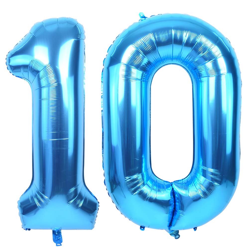 Toniful 40 Inch Blue Large Numbers Balloon Birthday Party Decorations, Foil Mylar Big Number Balloon Digital 10 For 10Th Birthda
