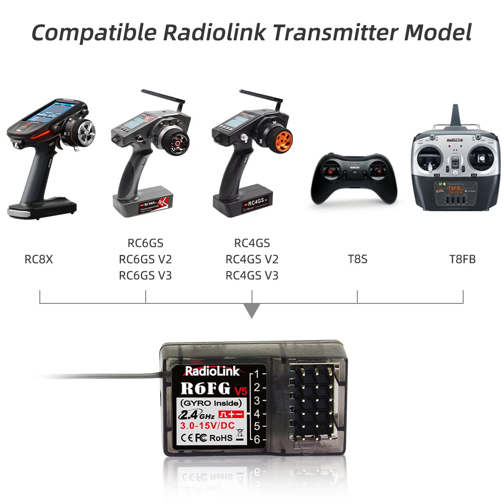 Radiolink R6FG 6-Channel 2.4GHz RC Receiver with Gyro for Vehicles - Long Range Control for Drifting, Crawlers, Trucks, and Boats