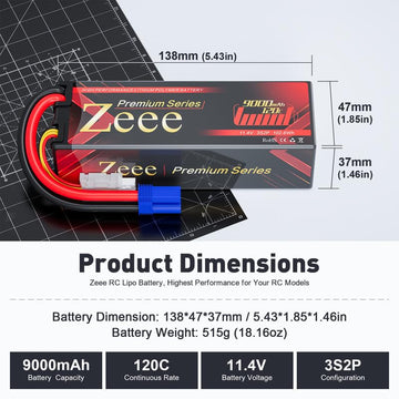 Zeee Premium Series 3S Lipo Battery 9000mAh 11.4V High Voltage Hard Case Battery 120C EC5 Connector HV-Lipo for RC Vehicles RC C