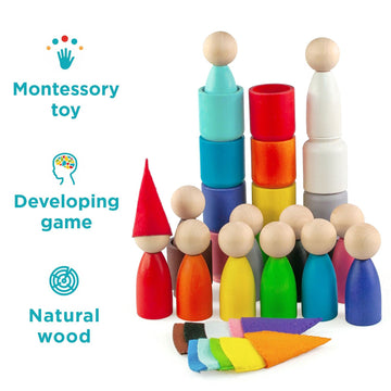 Ulanik Large Peg Dolls In Cups With Hats Toddler Montessori Toys For 3 Year Old + Wooden Waldorf Dolls For Learning Color Sortin