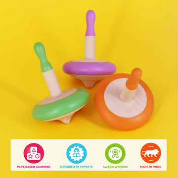 Shumee Handmade Wooden Set Of 3 Spin Tops(Purple, Orange, Green)| 100% Child Safe| Gyroscope Fidget Spinner | Sensory Toys |Birt