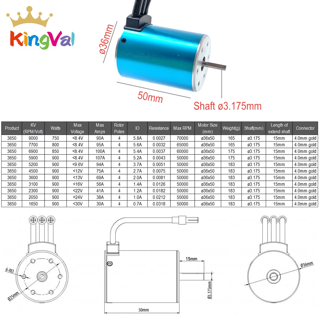 KingVal Replacement 3650 5900KV Sensorless Brushless Motor Shaft 3.175mm with Heat Sink Compatible with 1/10 RC Car
